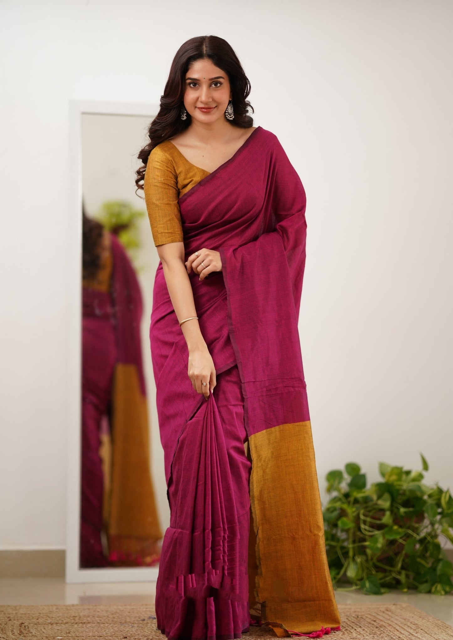 Pink & Mustard Handloom Cotton Saree