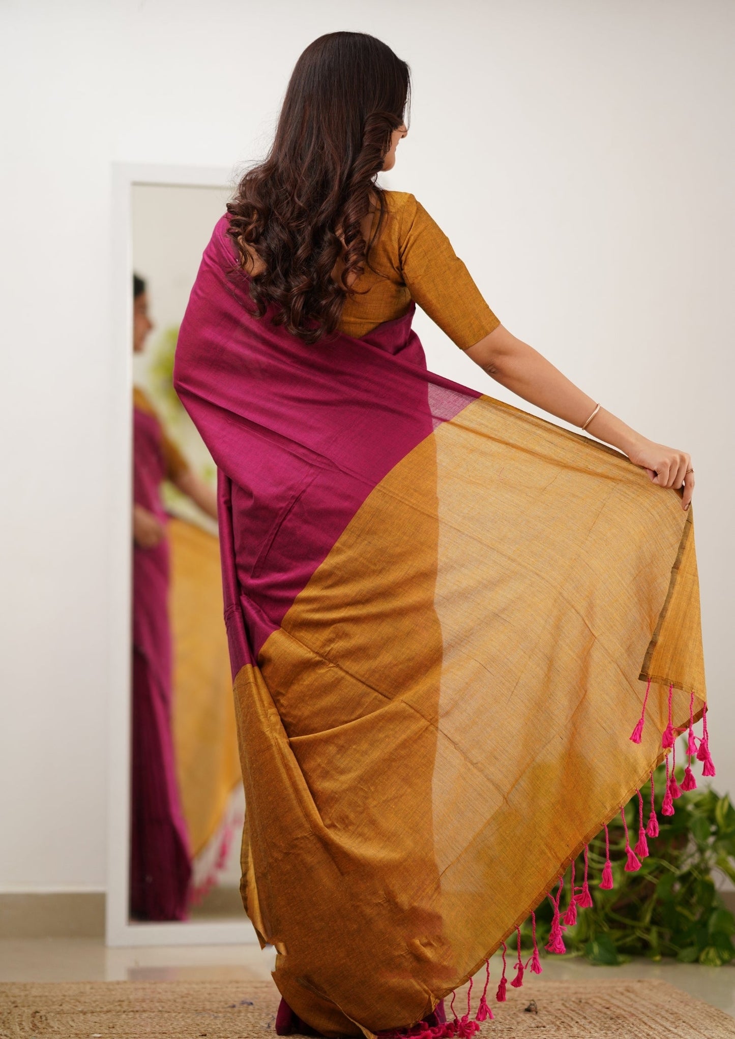 Pink & Mustard Handloom Cotton Saree