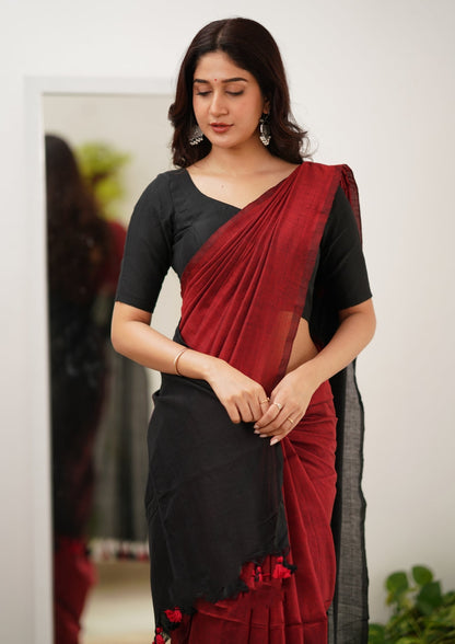 Red & Black Handloom Cotton Saree