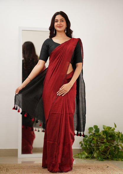 Red & Black Handloom Cotton Saree