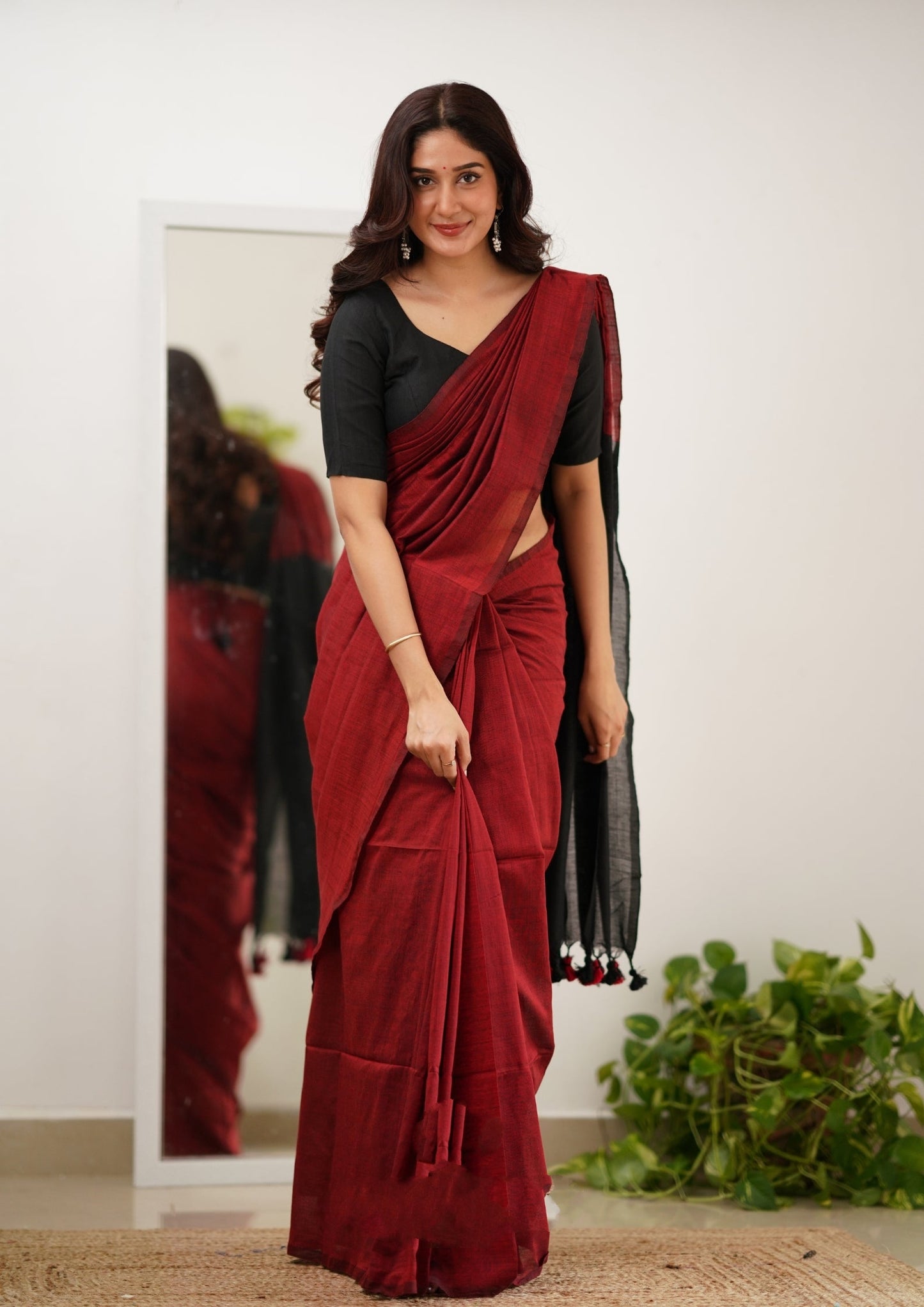 Red & Black Handloom Cotton Saree