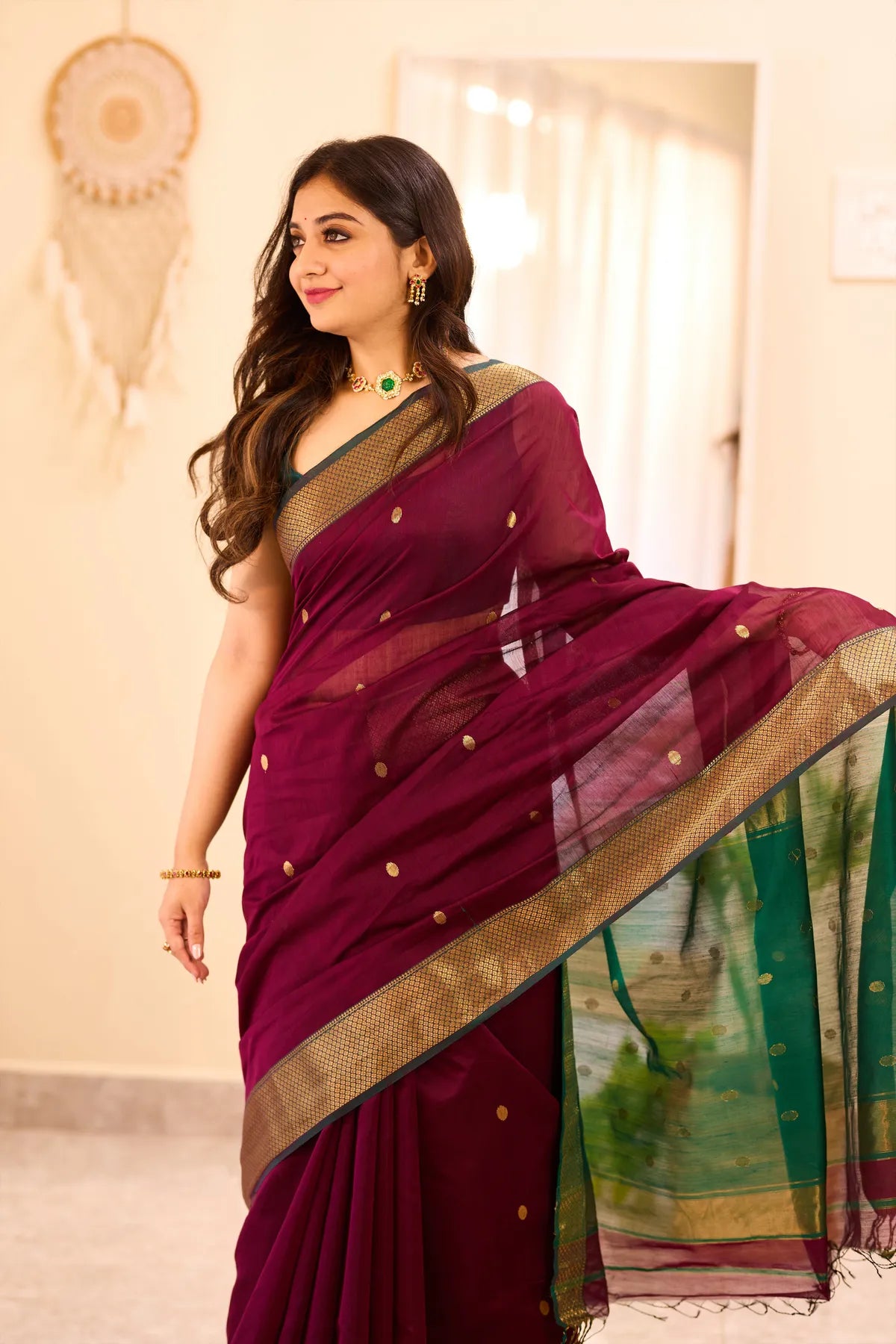 Dark Wine Maheshwari Silk Cotton Saree