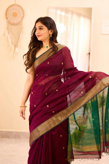 Dark Wine Maheshwari Silk Cotton Saree