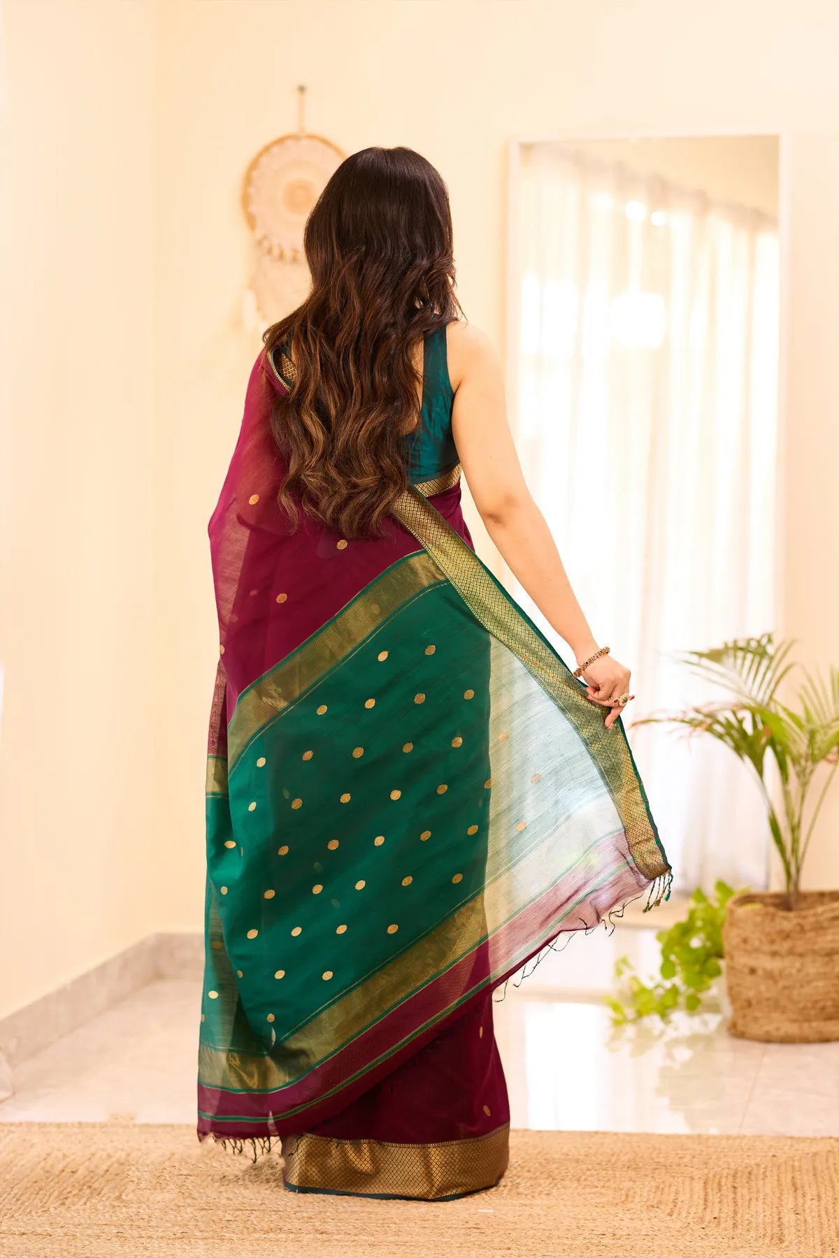 Dark Wine Maheshwari Silk Cotton Saree