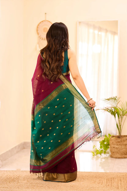 Dark Wine Maheshwari Silk Cotton Saree