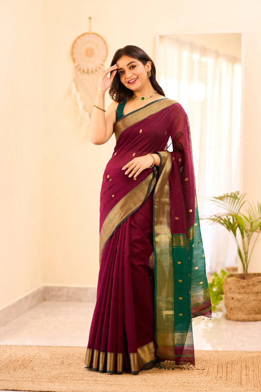 Dark Wine Maheshwari Silk Cotton Saree