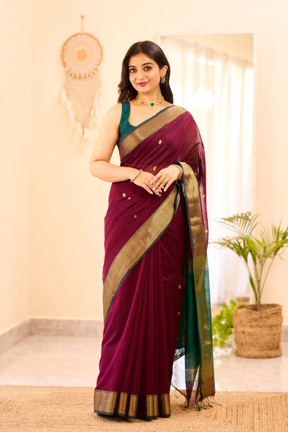 Dark Wine Maheshwari Silk Cotton Saree