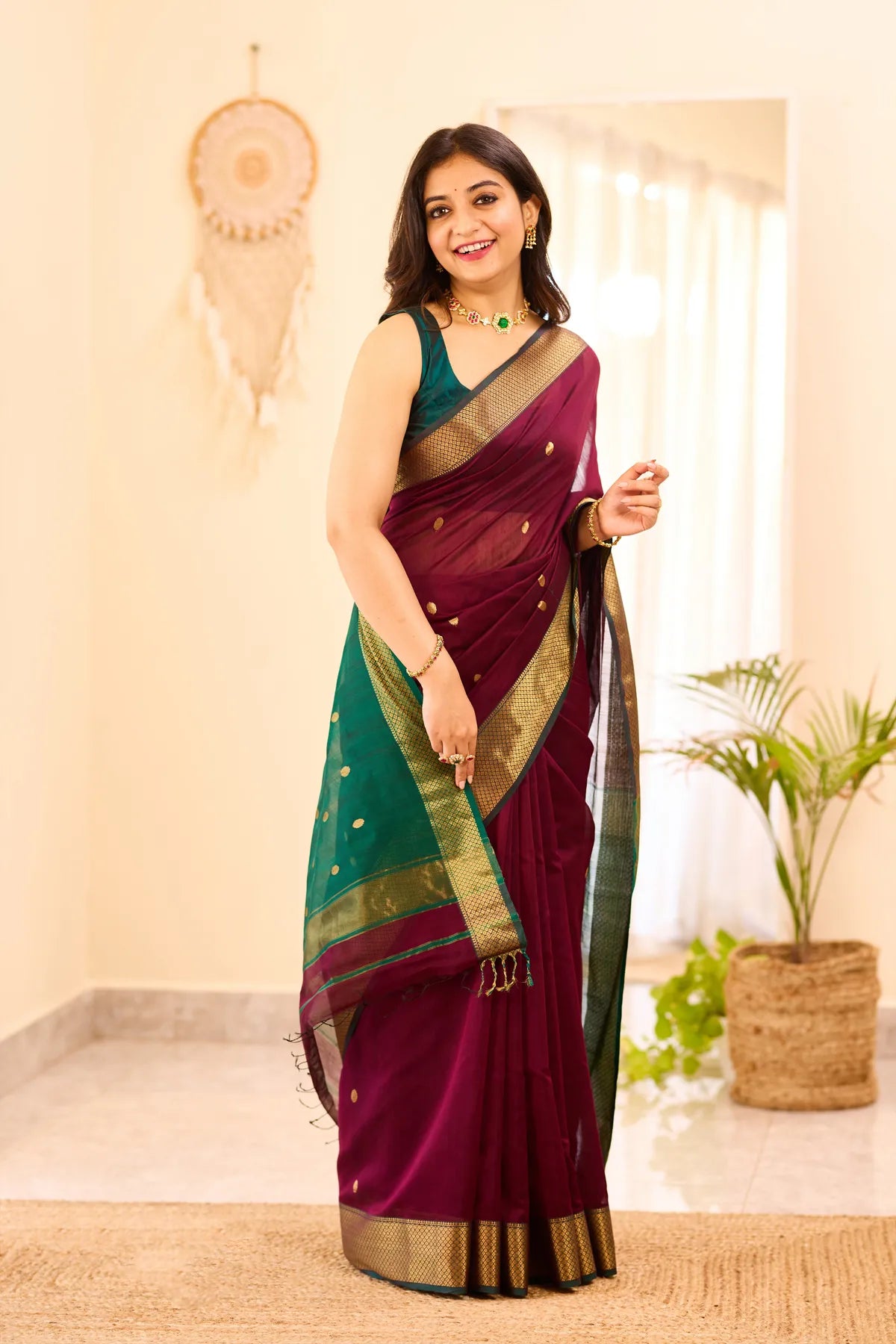 Dark Wine Maheshwari Silk Cotton Saree