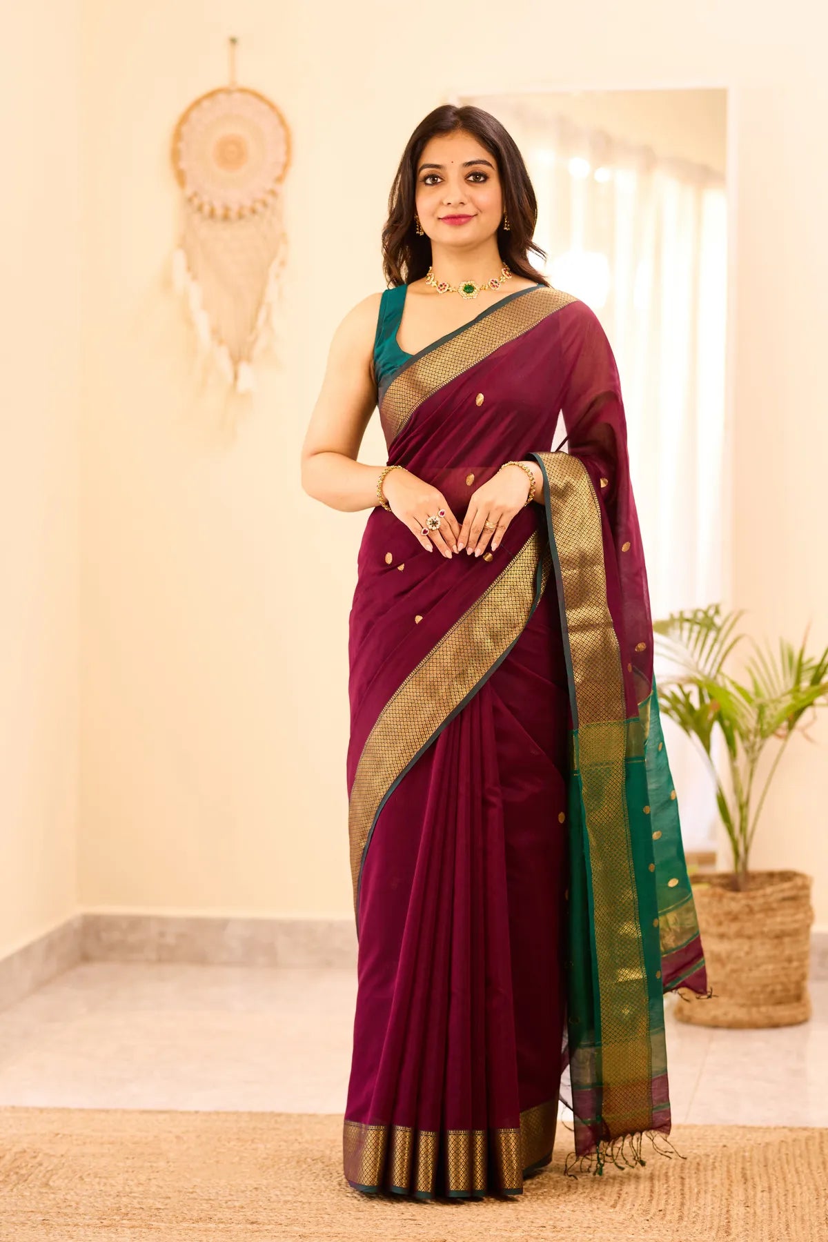 Dark Wine Maheshwari Silk Cotton Saree