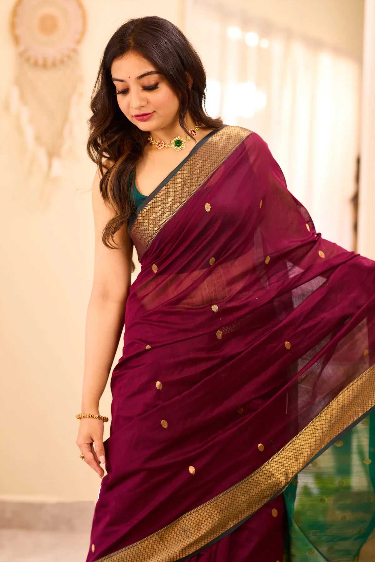 Dark Wine Maheshwari Silk Cotton Saree